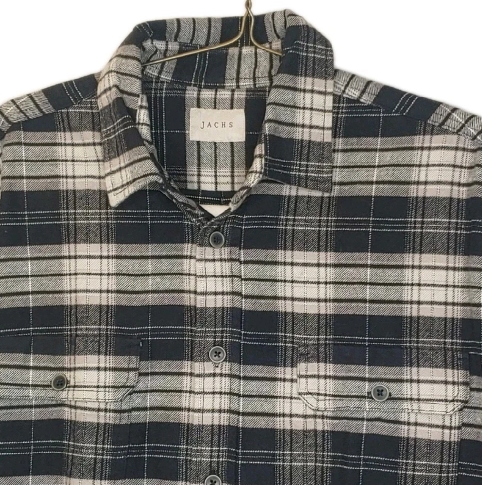 Jachs Thick Flannel Shirt Flap Jacket Black Plaid Work Wear Outdoorsy Cabin XL